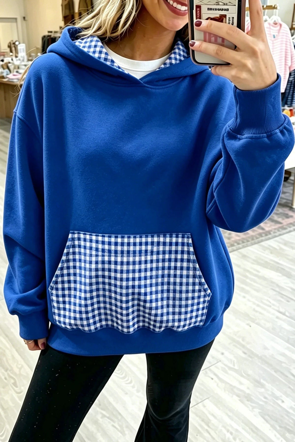 Blue Plaid Patchwork Basic Hoodie - Closes 10.17