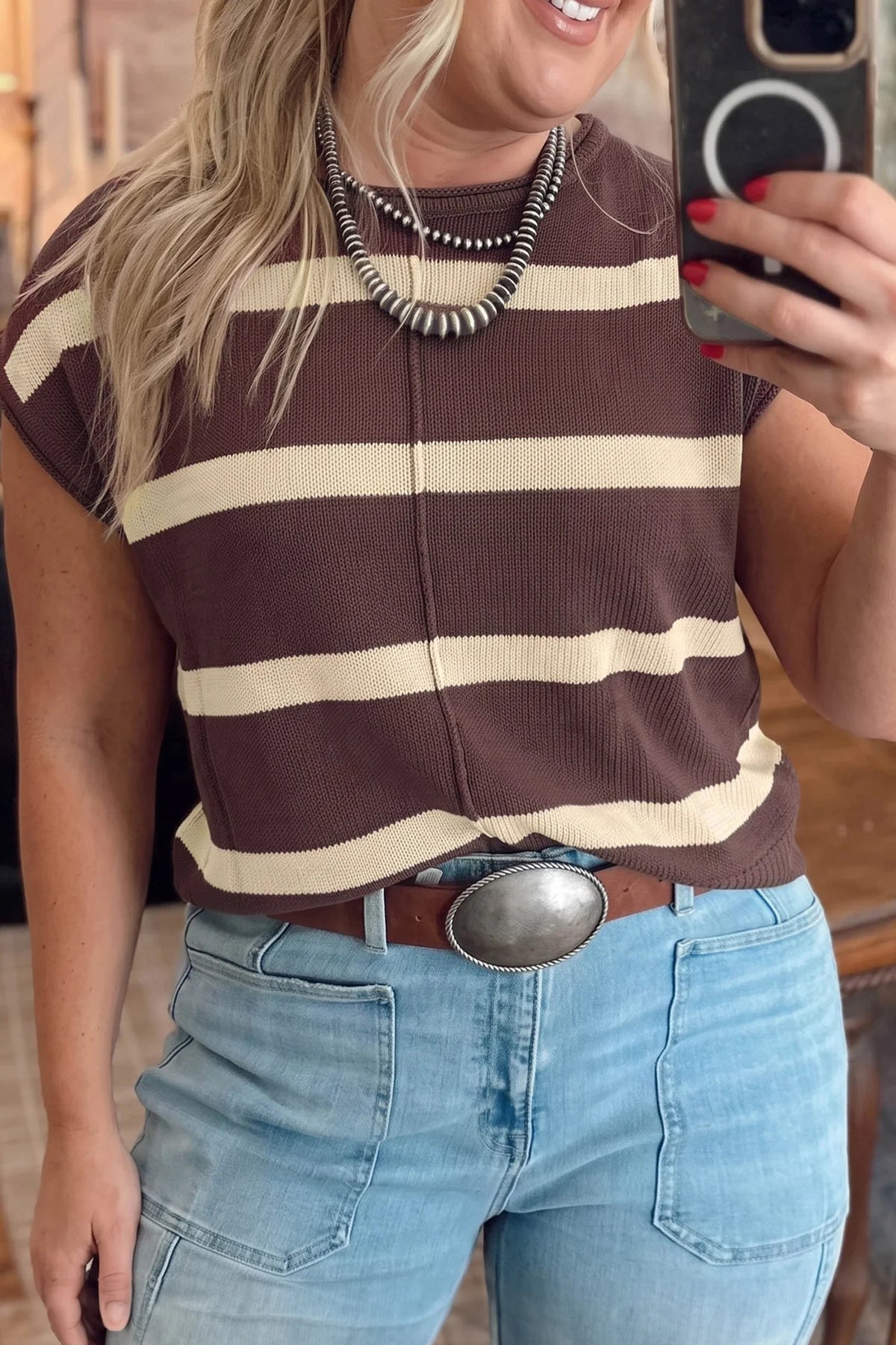 Brown Stripe Short Sleeve Sweater - with plus sizes - Closes 10.17