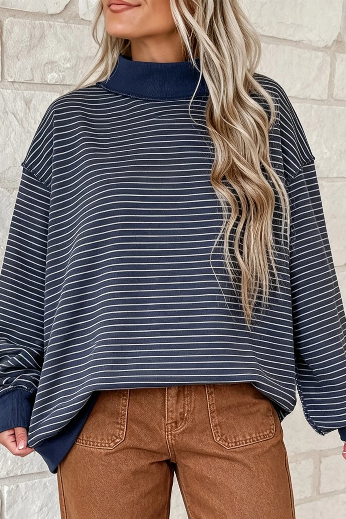 Blue Stripe Oversized Mock Neck Sweatshirt - Closes 10.17