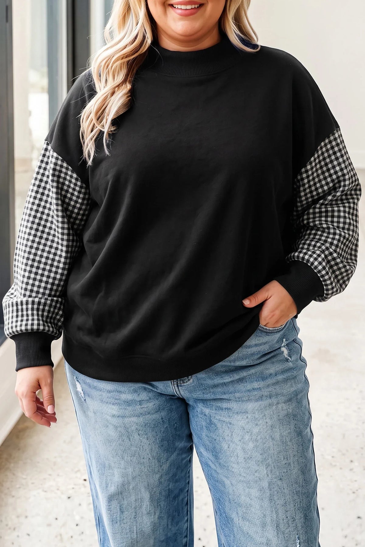 Black Patchwork Plaid Long sleeve Top - Plus Size - Closes 10.17