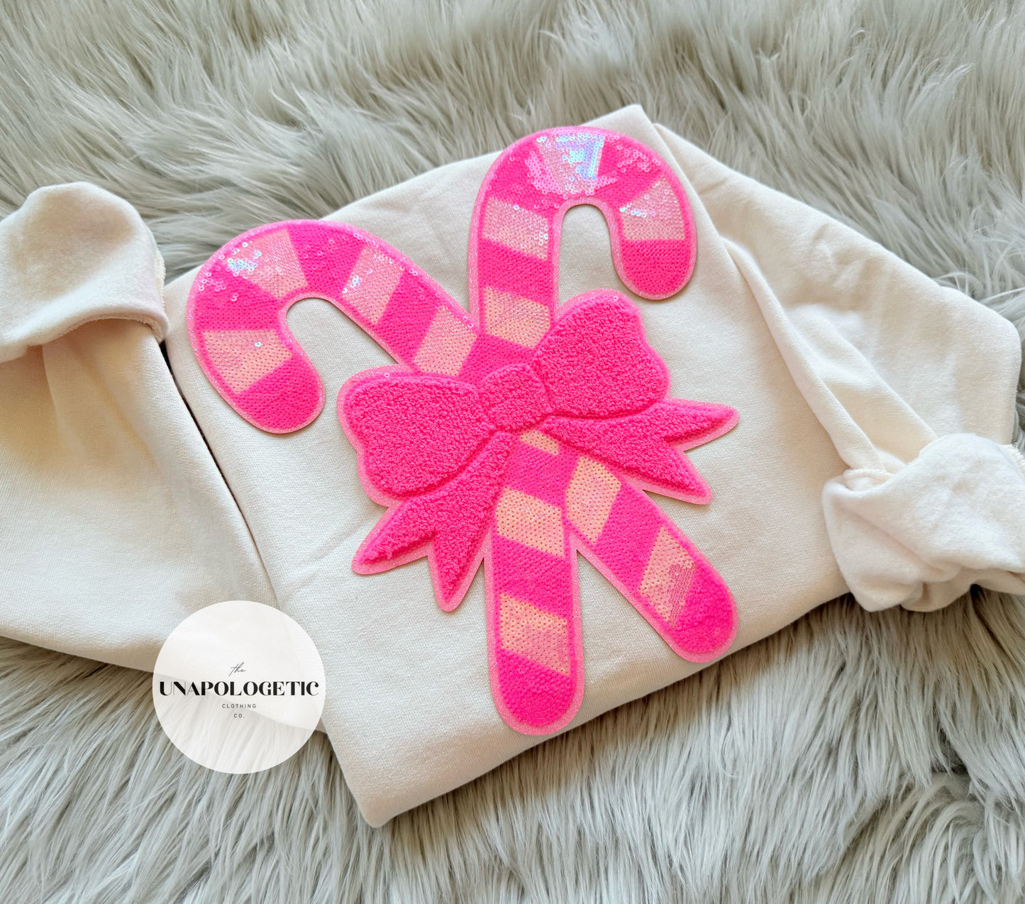 Pink Candy Canes Sequin/Chenille Patch Sweatshirt - WS