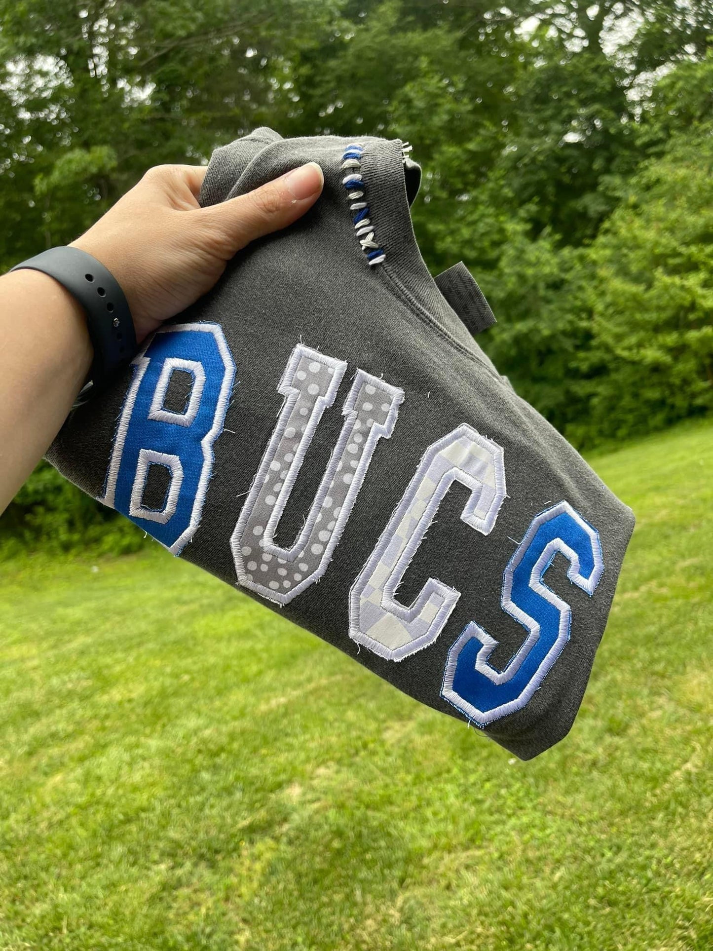 Custom Text Raw Edge Fabric Appliqué Embroidered Shirt | Personalized Embroidered Tee with Multi-Color Appliqué Design