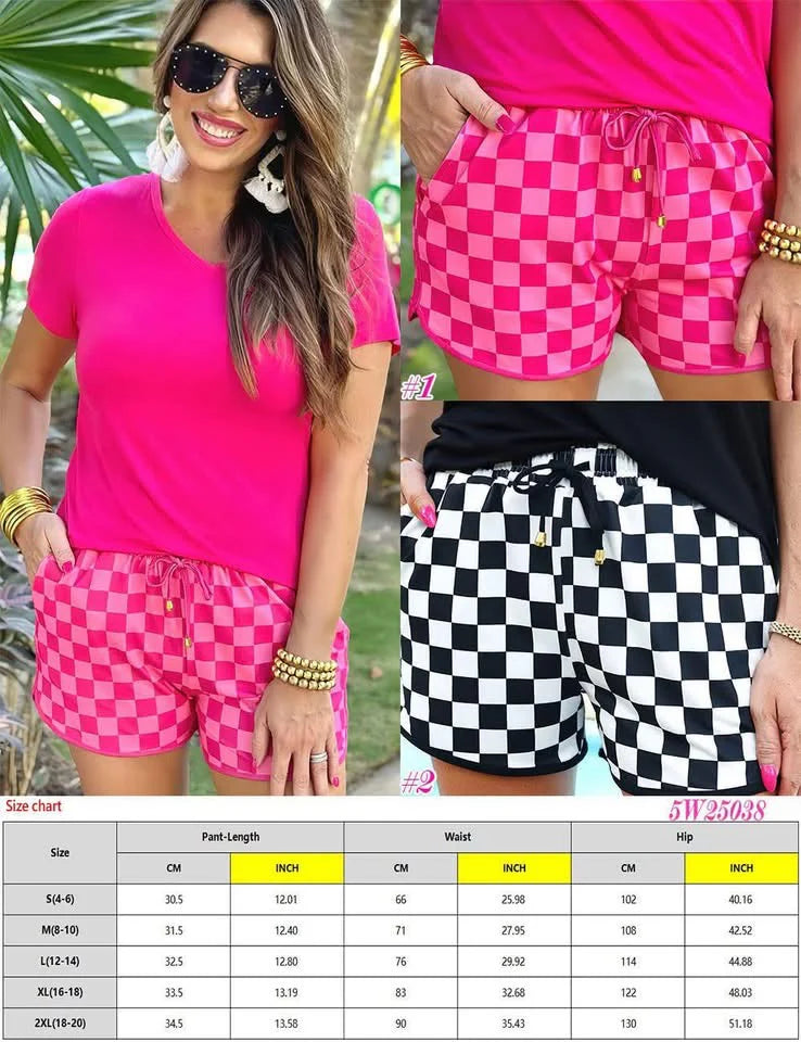 Checkered & Leopard Drawstring Shorts