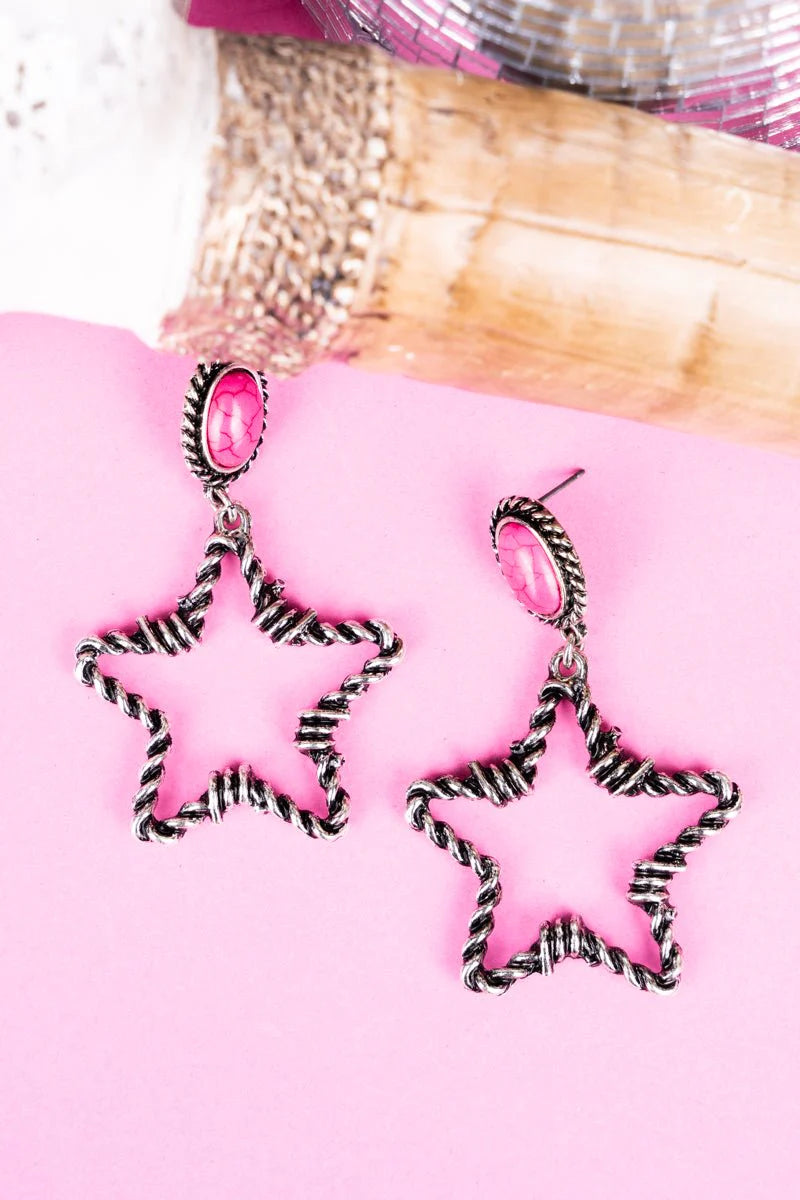 Barbed Wire Star Silvertone Necklace & Pink Barbed Wire Star Earrings