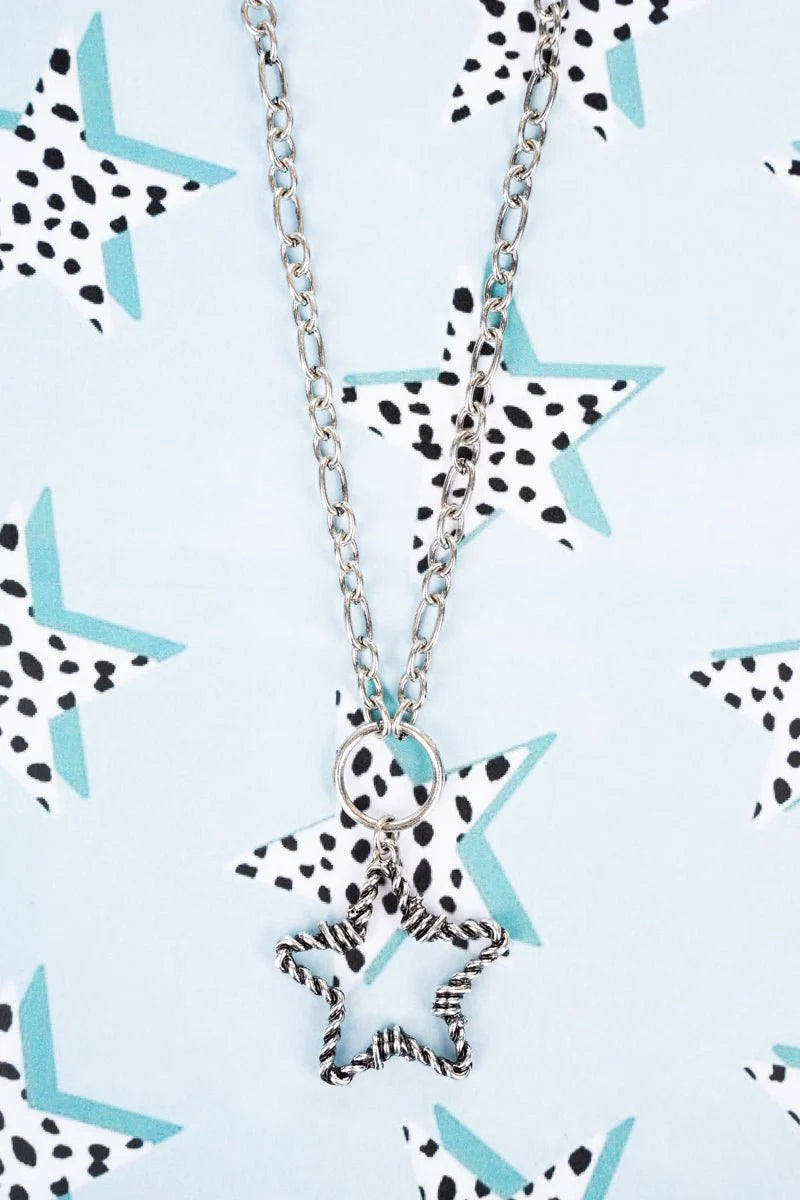 Barbed Wire Star Silvertone Necklace & Pink Barbed Wire Star Earrings