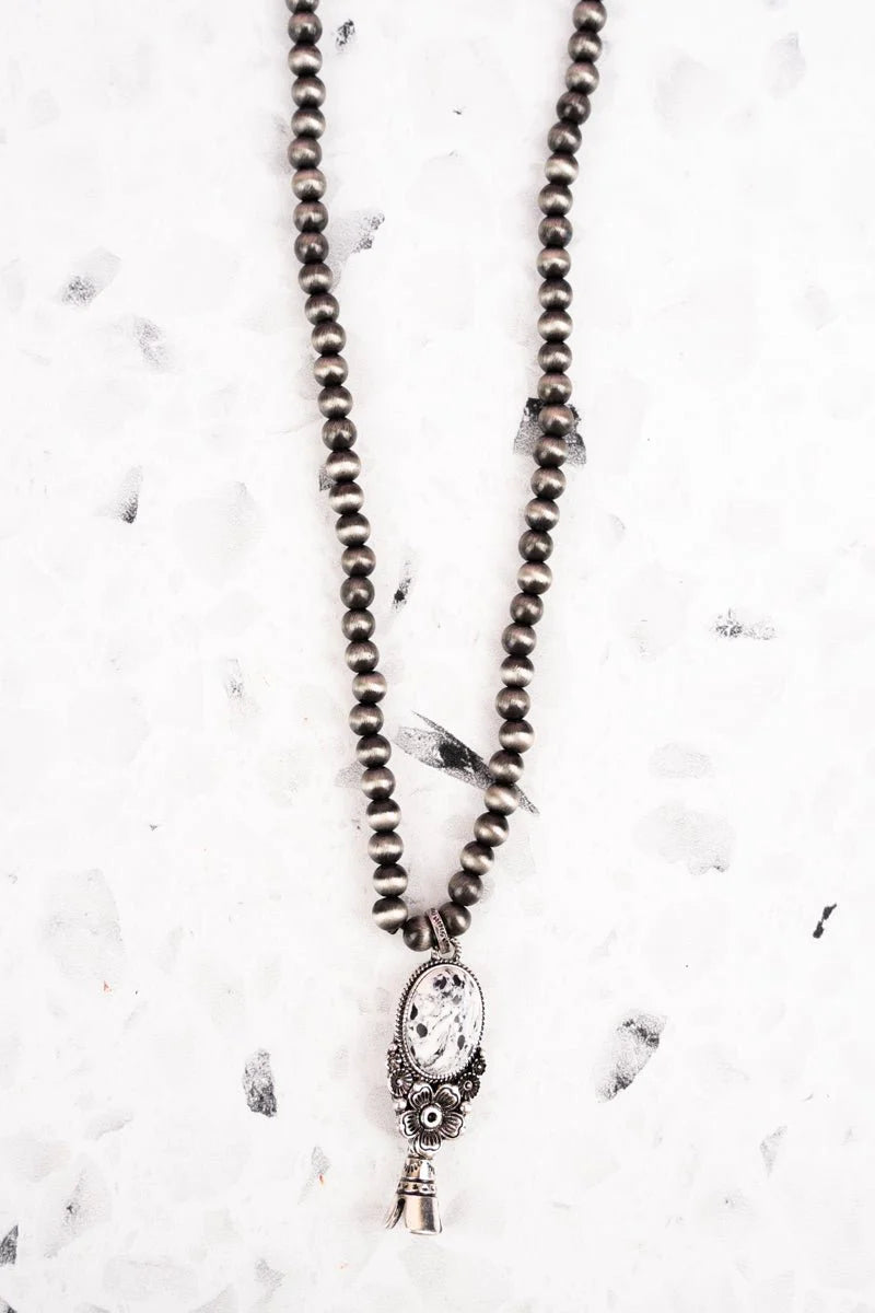 Black & White Marbled Stone Zara Silver Pearl Necklace