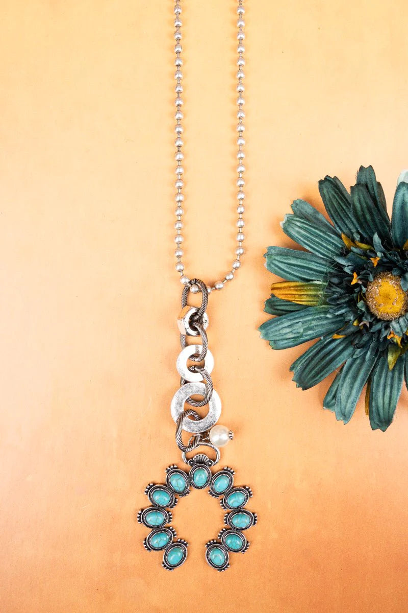Turquoise Beaded Burnished Silvertone Naja Drop Pendant Necklace
