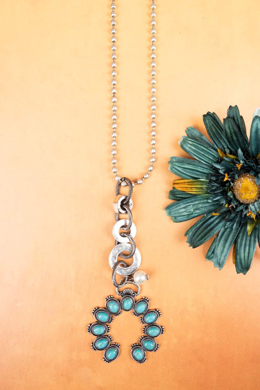 Turquoise Beaded Burnished Silvertone Naja Drop Pendant Necklace