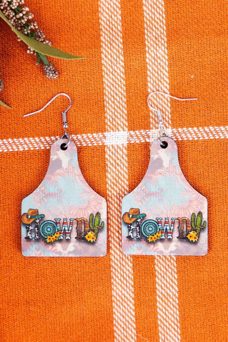 Tex Howdy Wood Cattle Tag Earrings