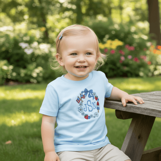 Patriotic Land of Liberty Monogram Frame Embroidered Toddler T-Shirt | 4th of July
