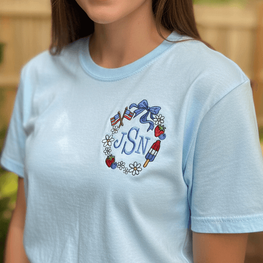 Land of Liberty Oversized Patriotic Monogram Frame Embroidered Shirt | 4th of July