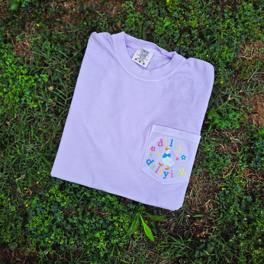 Dilly Dallying Goose Embroidered Pocket Tee | Whimsical Goose | Cottagecore