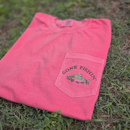 Gone Fishin' Embroidered Pocket Tee | Comfort Colors | Rainbow Trout | Gifts for Dad