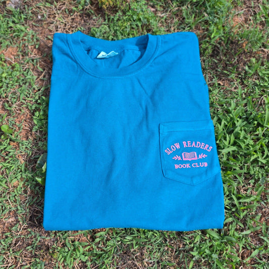 Slow Readers Club Embroidered Pocket Tee | Comfort Colors 6030 | Bookish Embroidery
