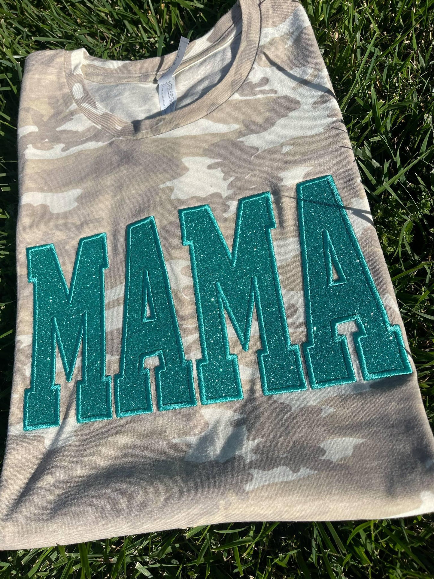 Vintage Camo Mama Glitter Applique Embroidered Shirt