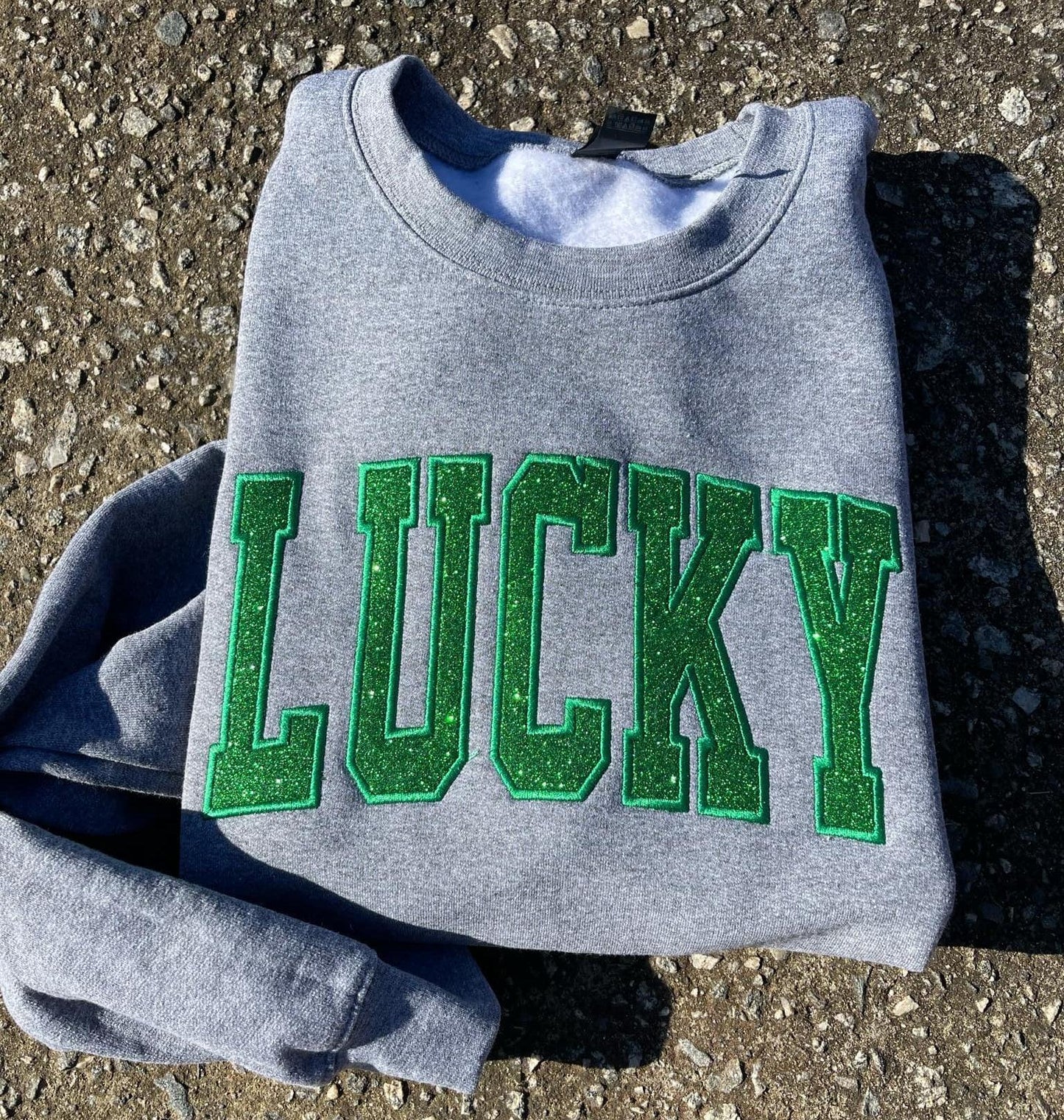 Lucky Glitter Varsity Shirt | Embroidered St. Patrick's Day Sweatshirt, Hoodie & Tee