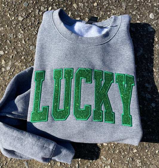 Lucky Glitter Varsity Shirt | Embroidered St. Patrick's Day Sweatshirt, Hoodie & Tee