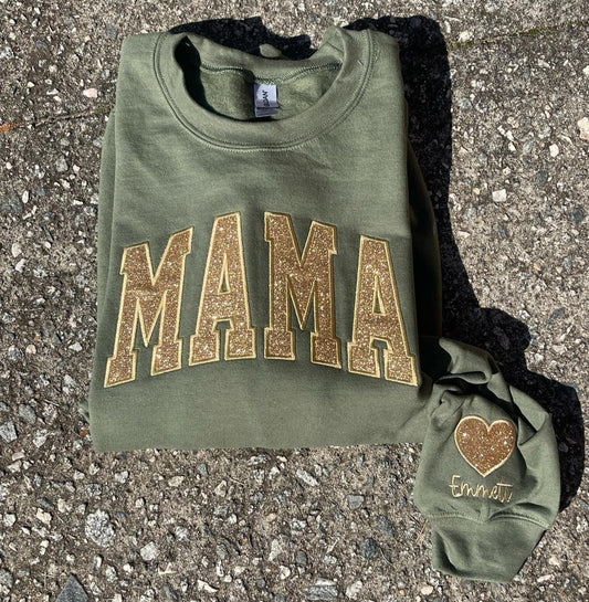 Mama Varsity Glitter Applique Embroidered Shirt | Customizable Sleeve | Premium Crafted Tee