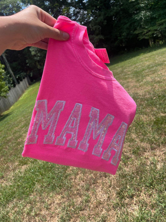 MAMA Sequins Raw Edge Applique Embroidered Comfort Color