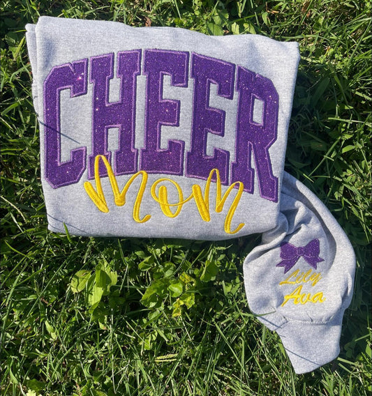 Cheer Mom Embroidered Varsity Shirt with Personalized Name & Glitter Bow Applique