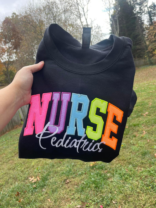 Nurse Varsity Sweatshirt with Multicolor Neon Glitter Applique Embroidery | Healthcare Worker Apparel