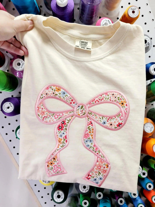 Coquette Bow Floral Fabric Applique Embroidered T-Shirt