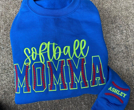 Custom Softball Stitch Text Embroidered Comfort Color Tee or Gildan Sweatshirt with Sleeve Detail