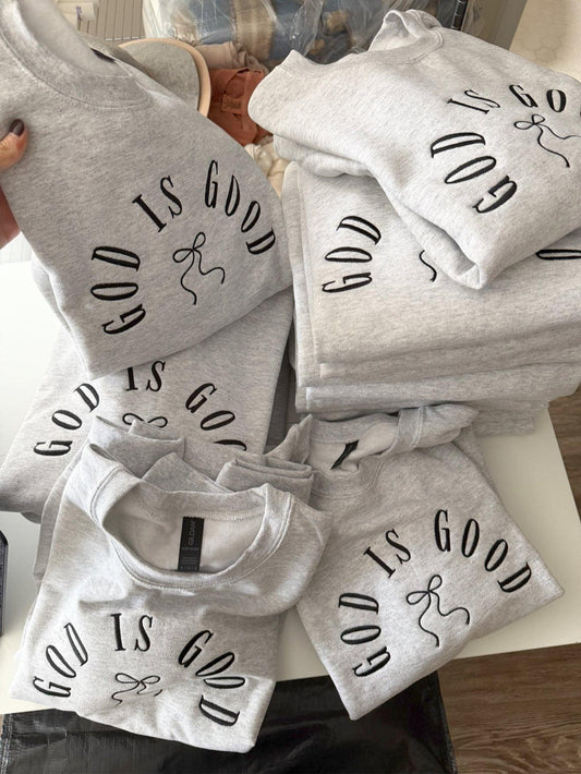 God Is Good Embroidered Coquette Bow Shirt | Faith-Inspired Women's Apparel