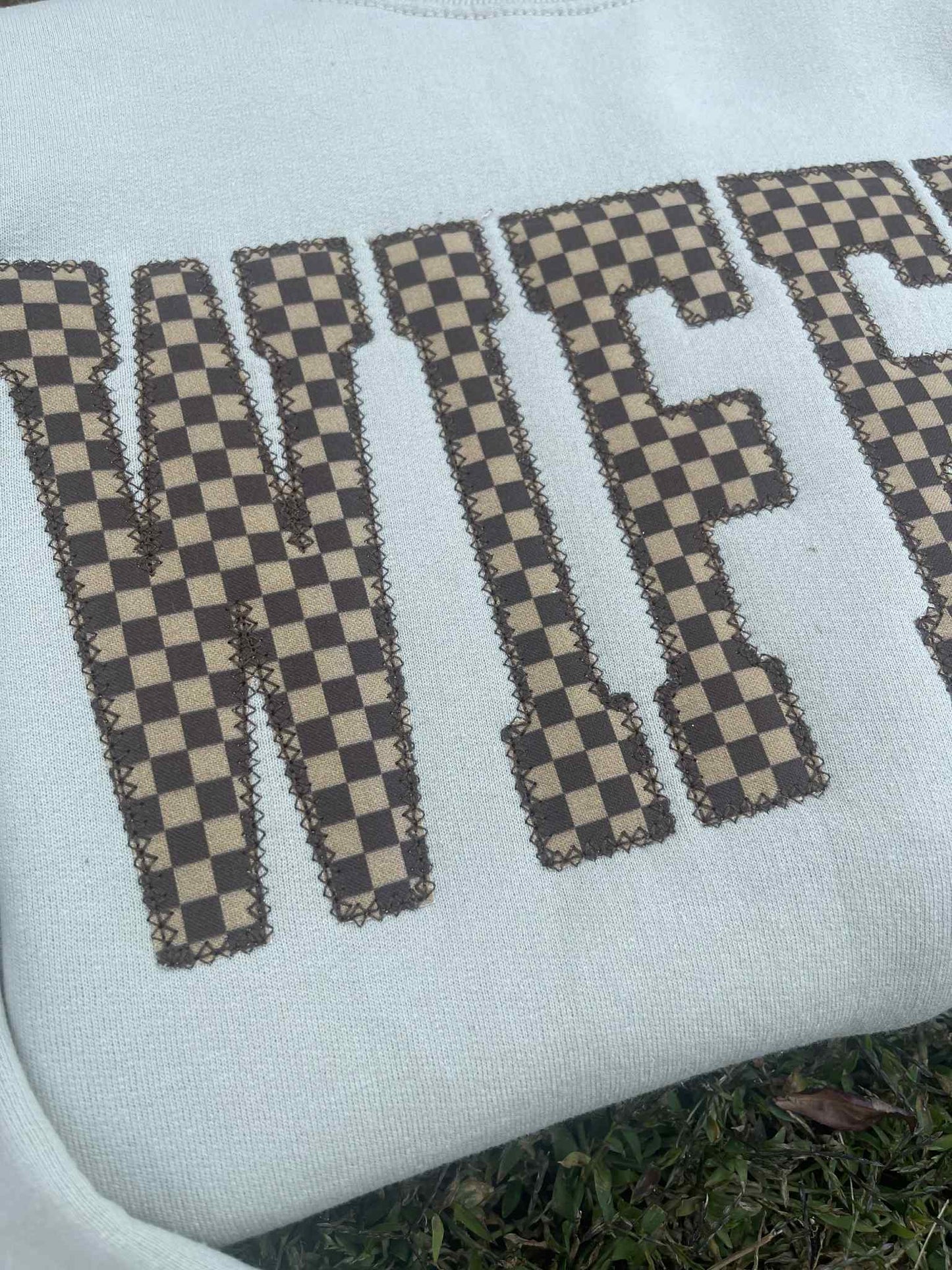 Custom Wifey Rustic Tonal Brown Checks Diamond Edge Applique