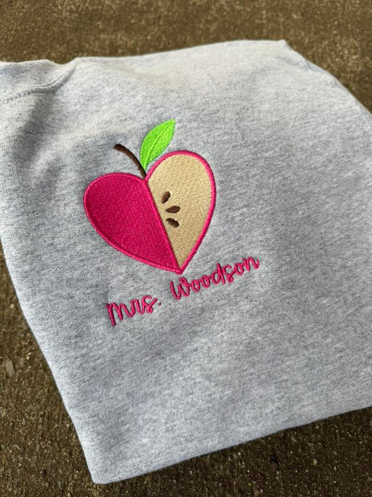 Embroidered Left Chest Custom Name with Heart Apple | Teacher Gift | QUICK SHIP