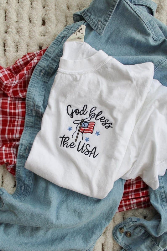 God Bless The USA Left Chest Embroidered Shirt | Patriotic | July 4th