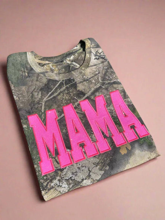 Neon Pink Mama Glitter Applique Embroidered Realtree Camo T-Shirt | Unisex Fit
