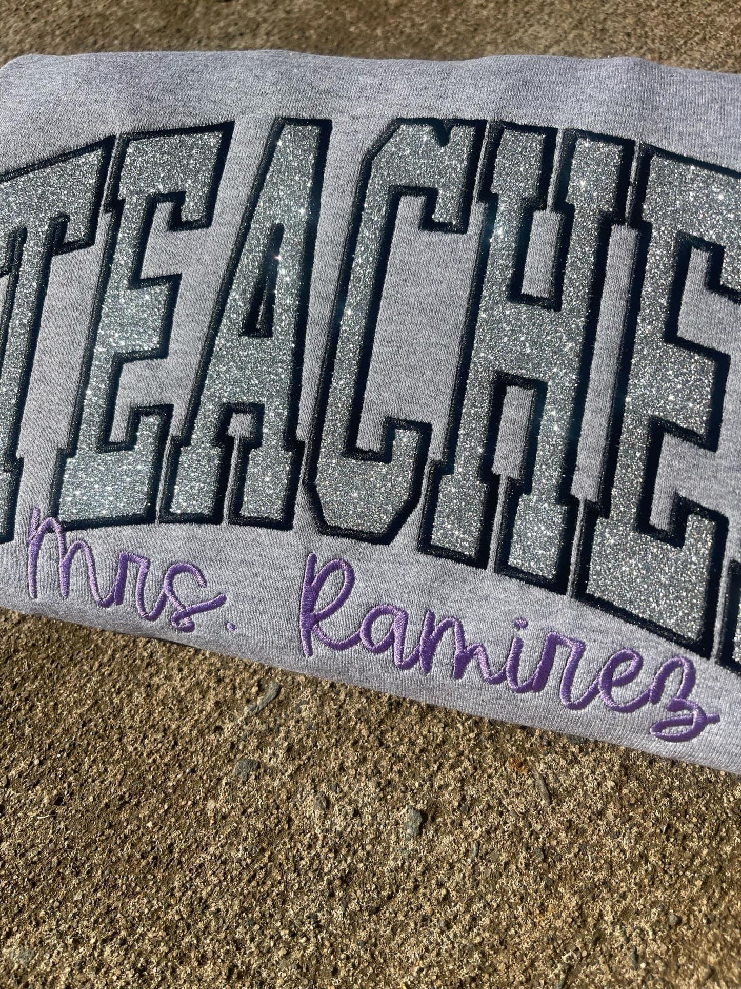 Varsity Glitter Applique Embroidered Shirt | Custom September Script & Personalized Sleeve | Merch Girls