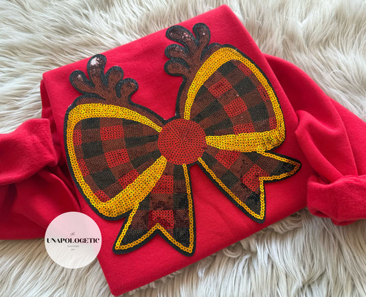 Reindeer Bow Sequin Patch Sweatshirt - WS
