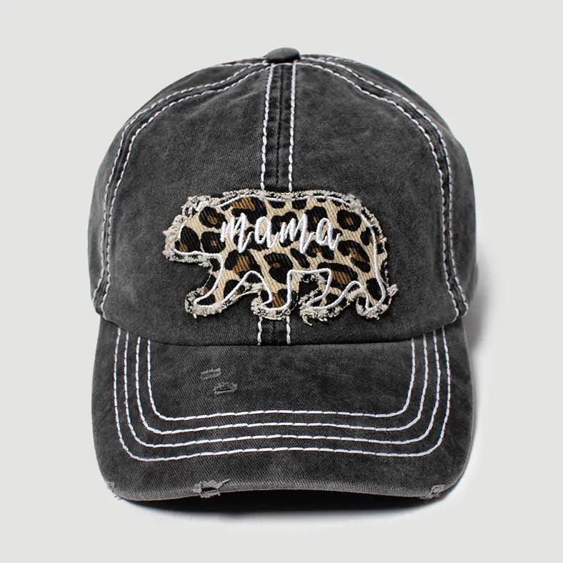 Distressed Mama Bear Leopard Patch Embroidered Baseball Cap