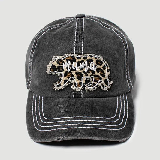 Distressed Mama Bear Leopard Patch Embroidered Baseball Cap
