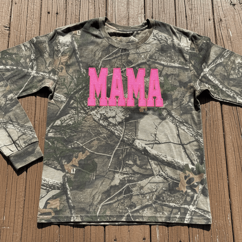 Neon Pink Mama Glitter Applique Embroidered Realtree Camo T-Shirt | Unisex Fit
