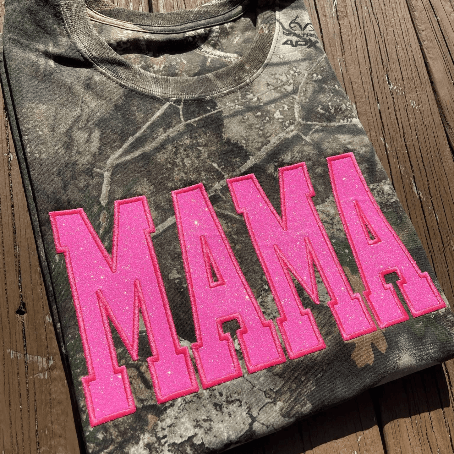 Neon Pink Mama Glitter Applique Embroidered Realtree Camo T-Shirt | Unisex Fit