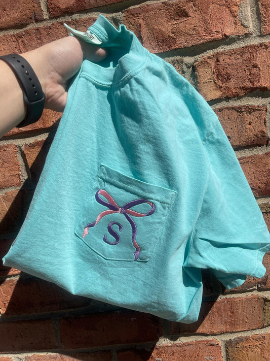 Two Tone Bow with Letter Embroidered Comfort Color Pocket Tee