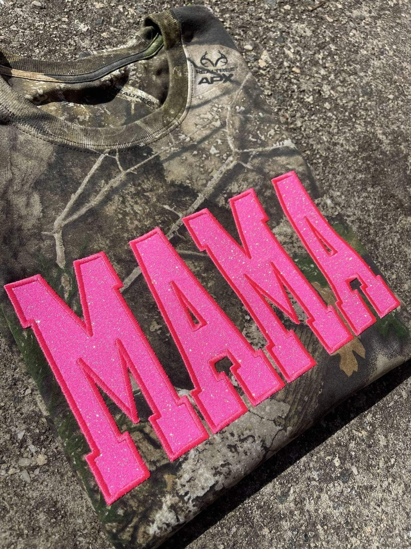 Neon Pink Mama Glitter Applique Embroidered Realtree Camo T-Shirt | Unisex Fit