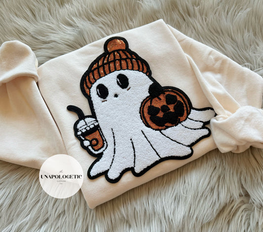 Halloween Ghostie with Beanie Sequin/Chenille Patch Sweatshirt - WS