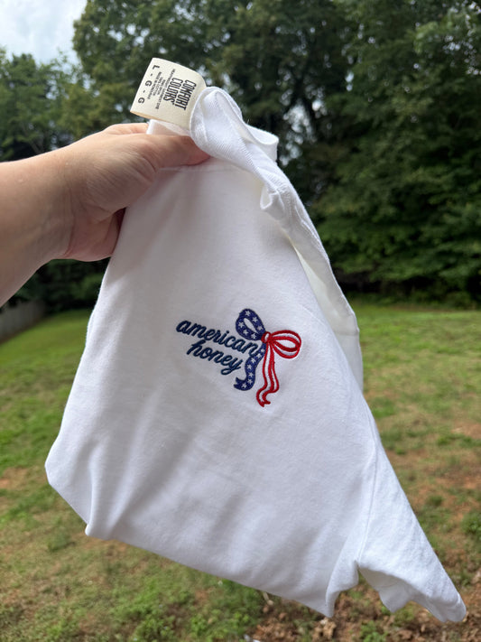 American Honey Embroidered Bow Shirt | Patriotic Coquette Comfort Colors Tee