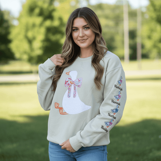 Silly Goose Quilted Applique Embroidered Mama Shirt | Customizable Sleeve with Names