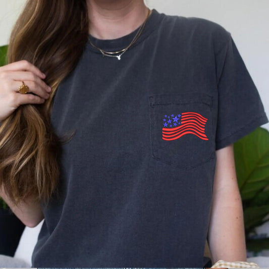 USA Flag Embroidered Comfort Color Pocket T-Shirt | QUICK SHIP