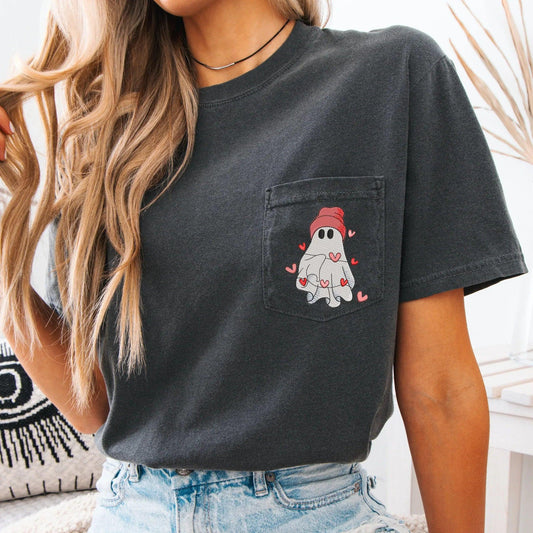 Embroidered Valentine Ghost Pocket Shirt | Comfort Colors