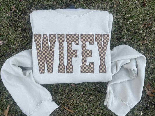 Custom Wifey Rustic Tonal Brown Checks Diamond Edge Applique