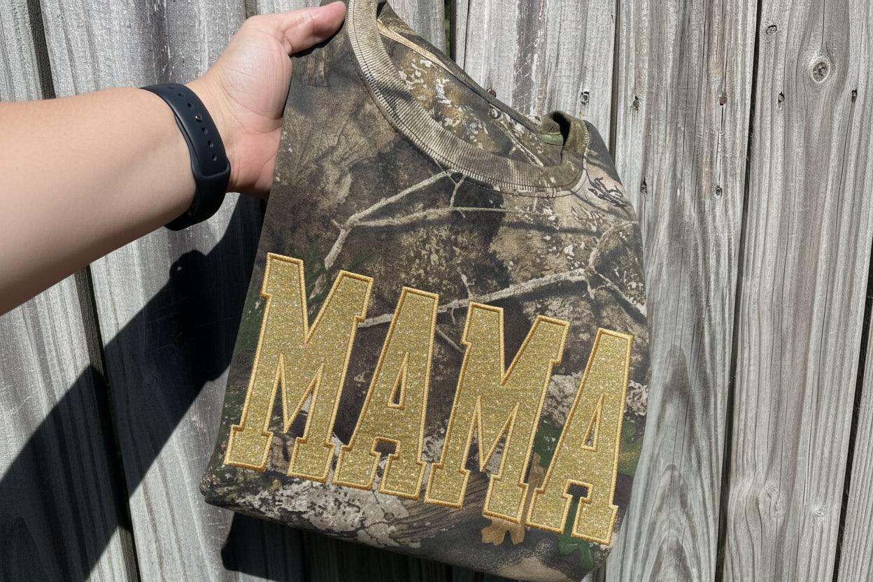 Custom Glitter Applique Camo Embroidered Shirt – Realtree + Embroidery