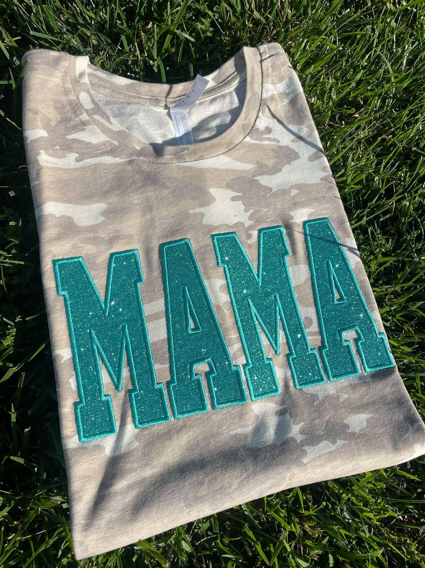 Vintage Camo Mama Glitter Applique Embroidered Shirt