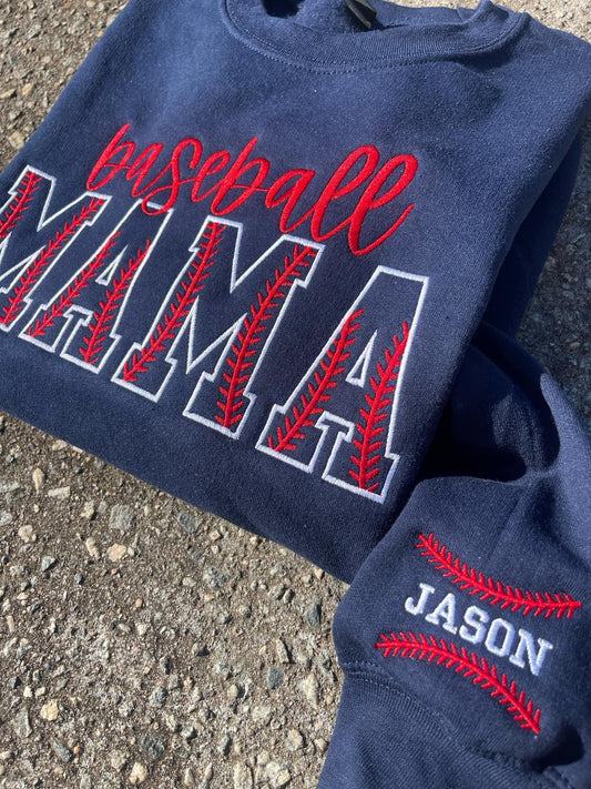 Custom Baseball Stitch Text Embroidered Comfort Color Tee or Gildan Sweatshirt with Sleeve Detail