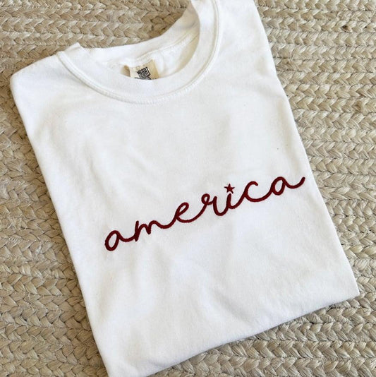 America Script Embroidered T-Shirt | Comfort Colors Patriotic Tee